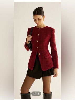 Commense Classic Women's Tweed Gold Button Blazer in Deep Red